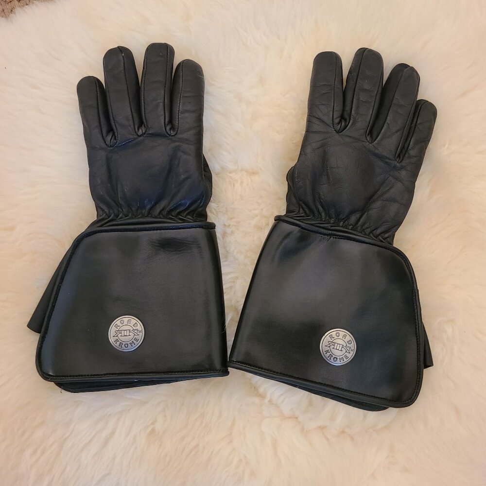 Vintage Road Chrome (RK) Leather Insulated Gauntlet Motorcycle Gloves